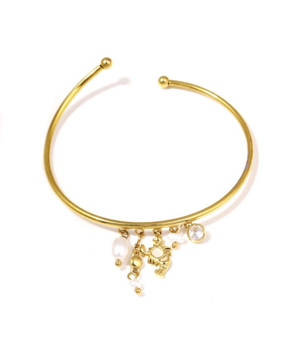 Pulsera rígida dorada con langosta y perlas