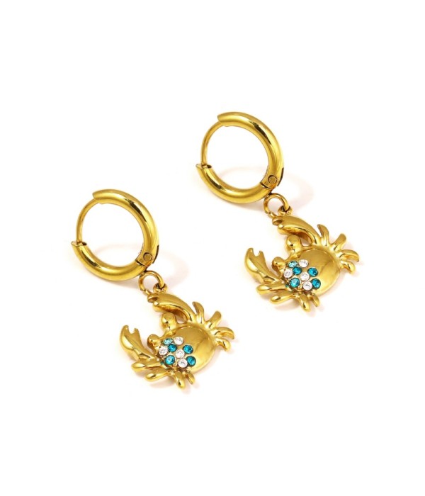 Pendientes dorados de aro con colgante de cangrejo y circonitas