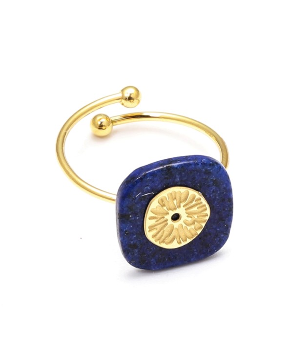 Anillo abierto dorado con detalle circulo y piedra cuadrada