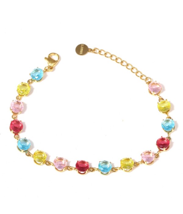 Pulsera dorada con circonitas redondas de colores