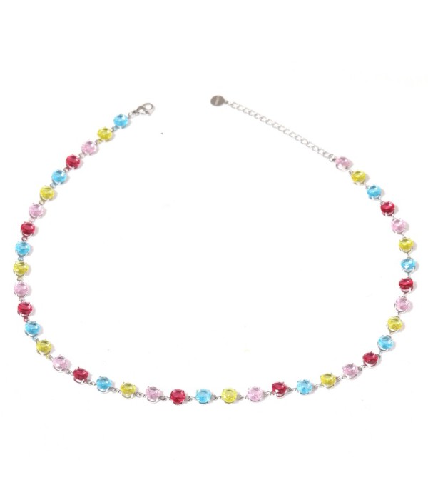Collar plateado con circonitas redondas de colores