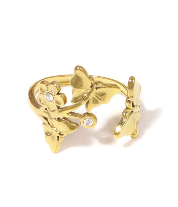 Anillo abierto con flor, mariposas y circonitas