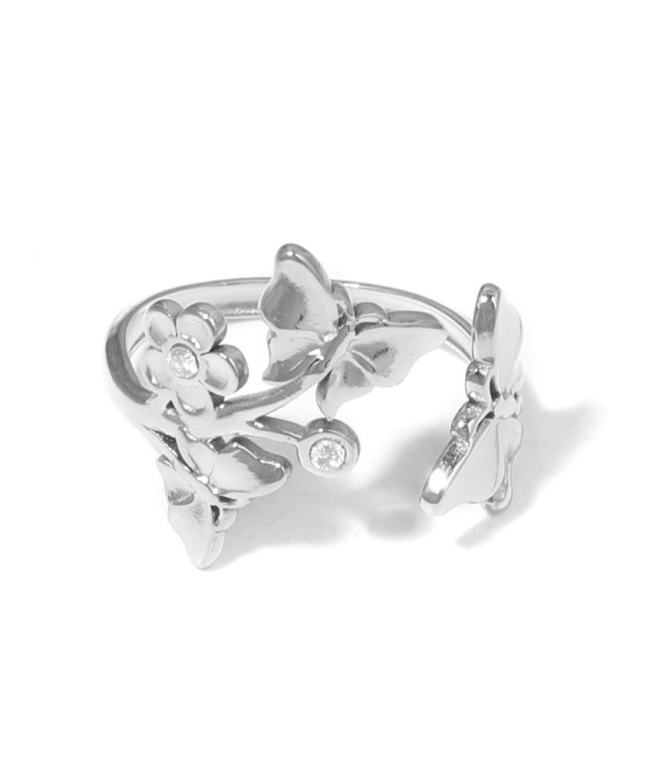 Anillo abierto con flor, mariposas y circonitas 2
