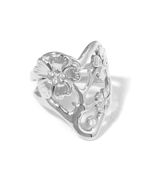 Anillo plateado con flores, ramas y circonitas