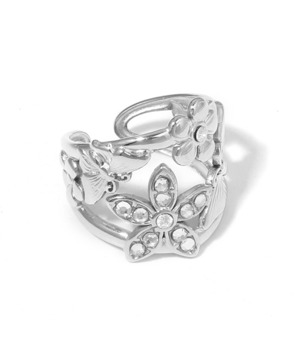 Anillo plateado con flores, mariposas y circonitas