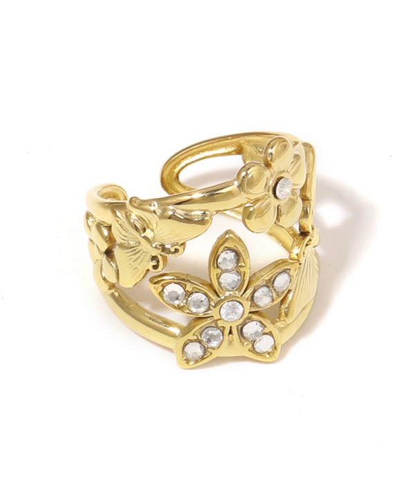 Anillo dorado con flores, mariposas y circonitas