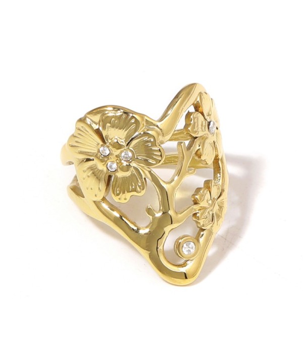 Anillo dorado con flores, ramas y circonitas