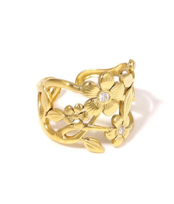 Anillo dorado con flores, hojas y circonitas