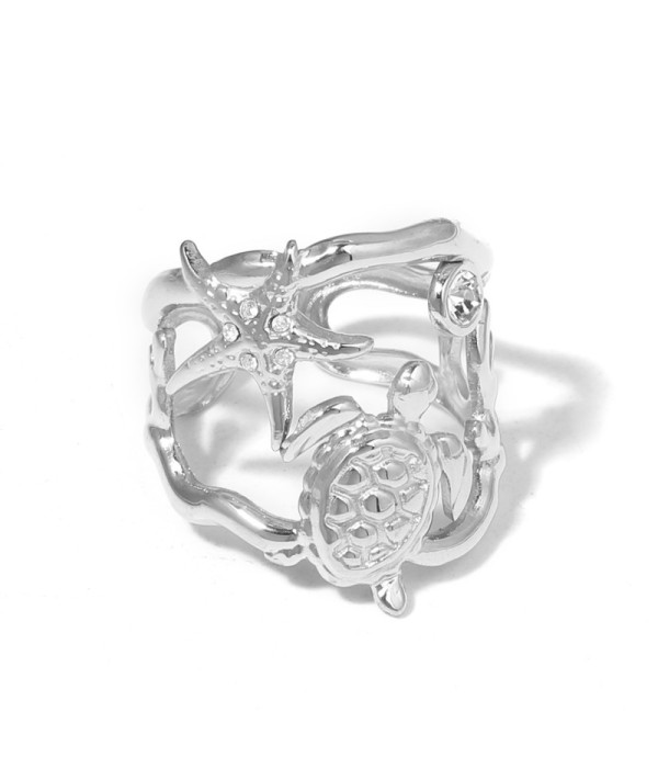 Anillo plateado con estrella de mar, tortuga y circonitas