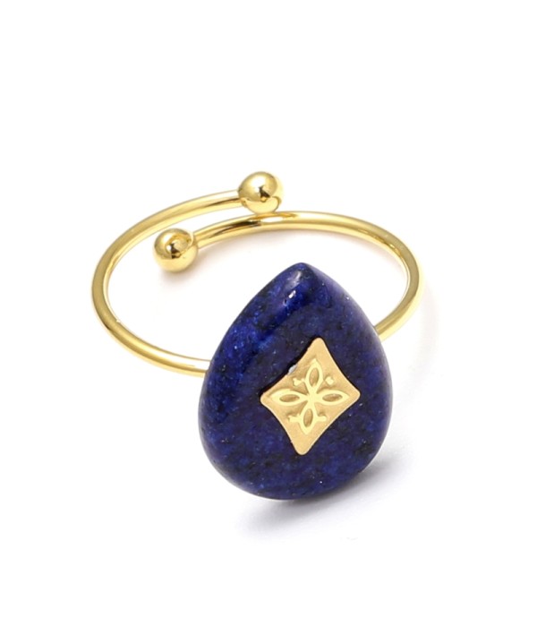 Anillo abierto dorado con detalle rombo y piedra gota de agua