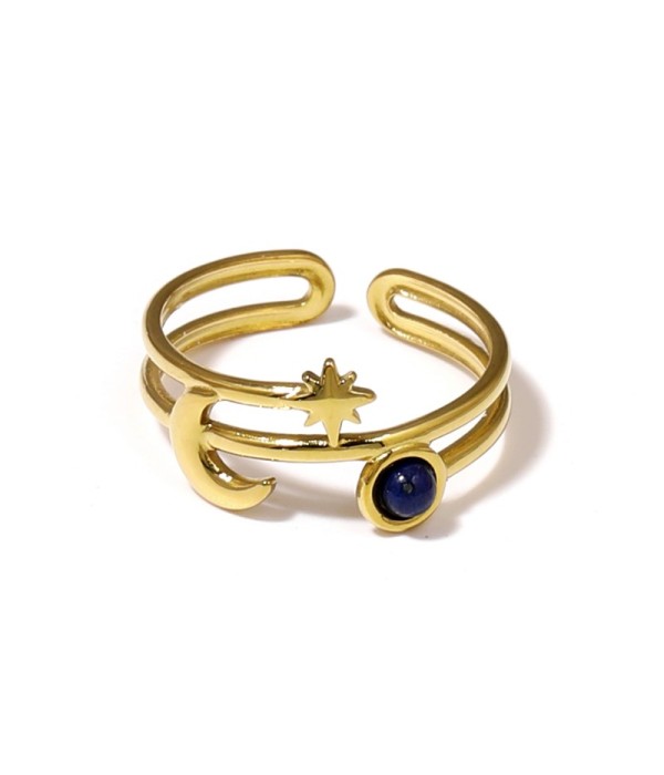 Anillo dorado con luna, estrella y piedra