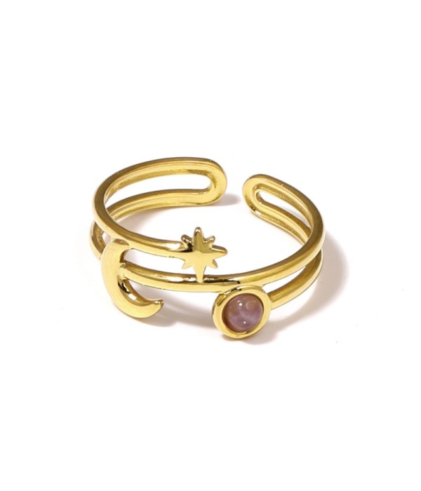Anillo dorado con luna, estrella y piedra