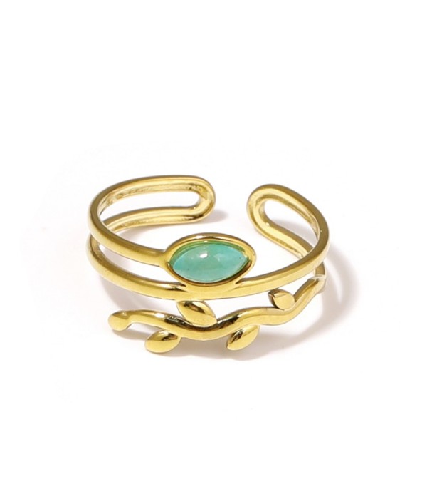 Anillo dorado con diseño de hojas y piedra