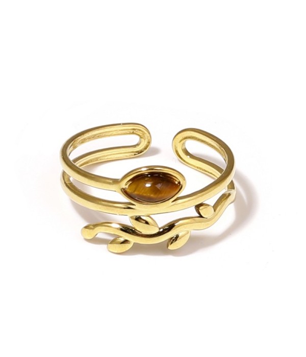 Anillo dorado con diseño de hojas y piedra