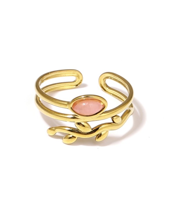 Anillo dorado con diseño de hojas y piedra