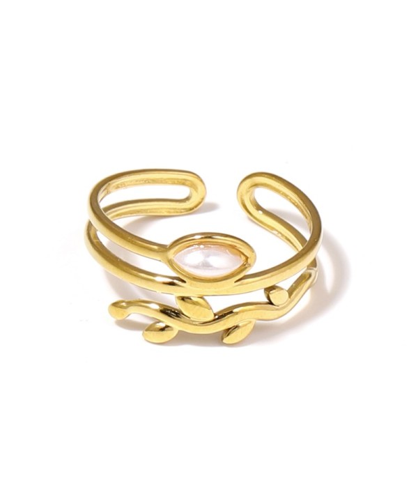 Anillo dorado con diseño de hojas y piedra