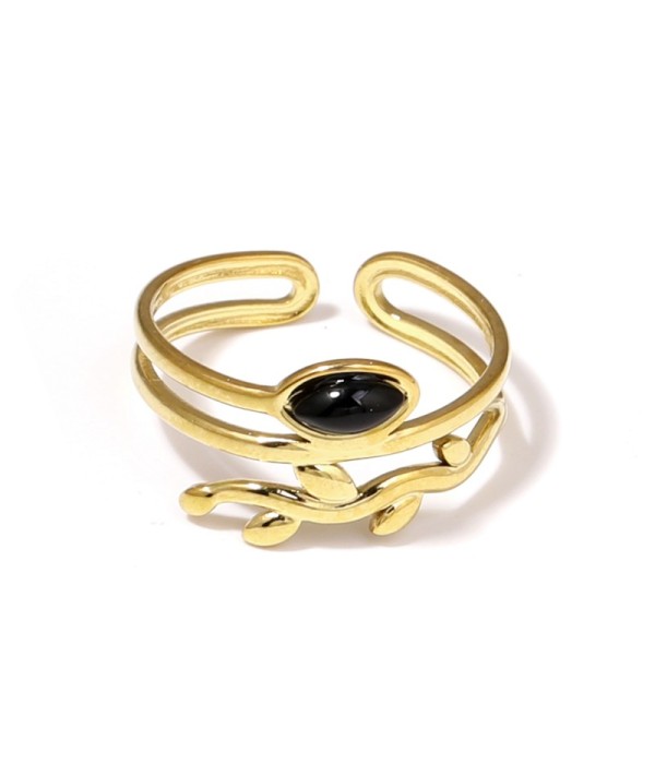 Anillo dorado con diseño de hojas y piedra