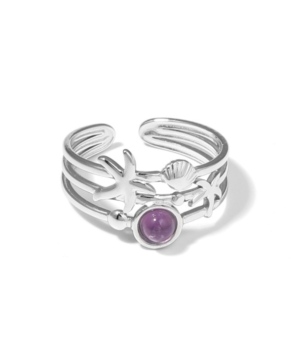 Anillo plateado con estrella de mar, concha y...