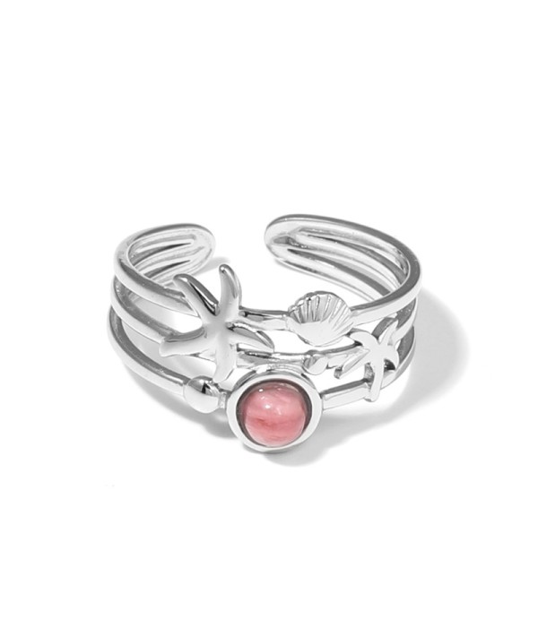 Anillo plateado con estrella de mar, concha y piedra