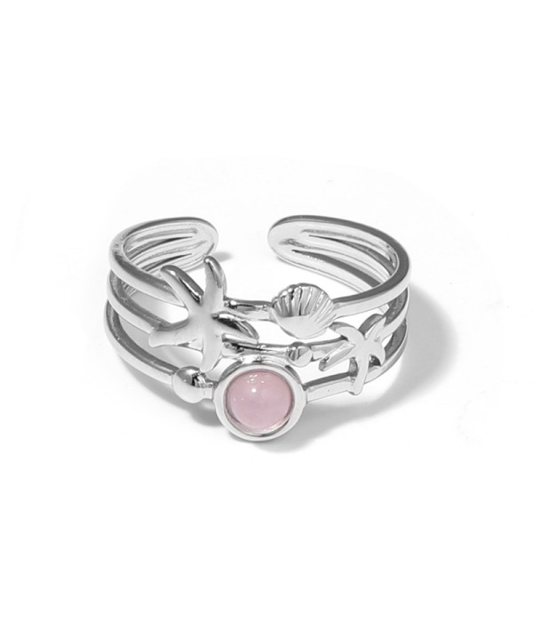 Anillo plateado con estrella de mar, concha y piedra