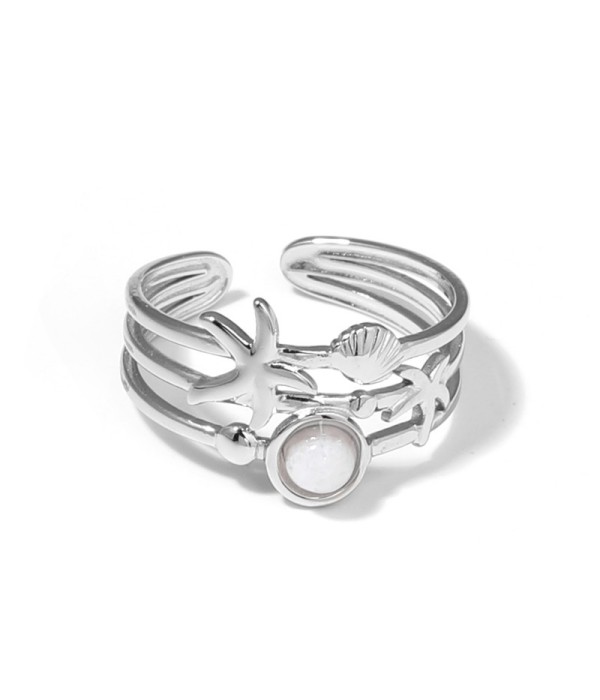 Anillo plateado con estrella de mar, concha y...