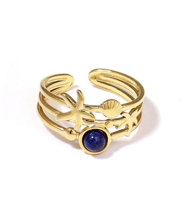 Anillo dorado con estrella de mar, concha y piedra