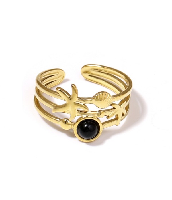 Anillo dorado con estrella de mar, concha y piedra