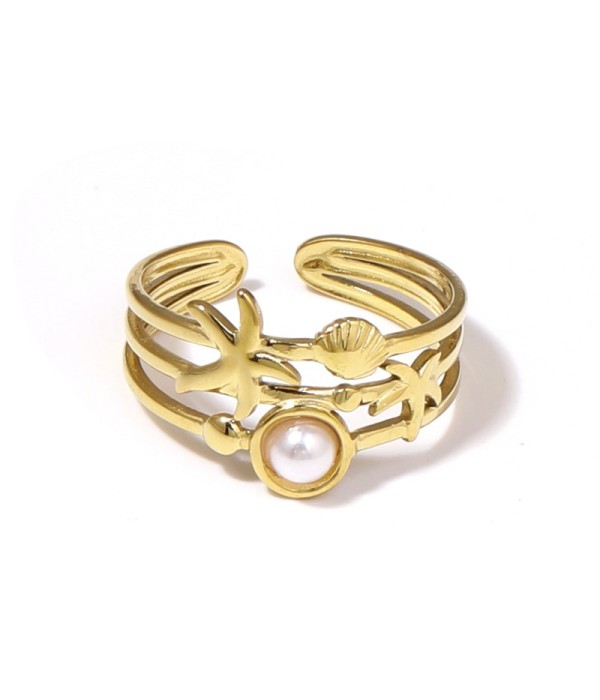 Anillo dorado con estrella de mar, concha y piedra 2