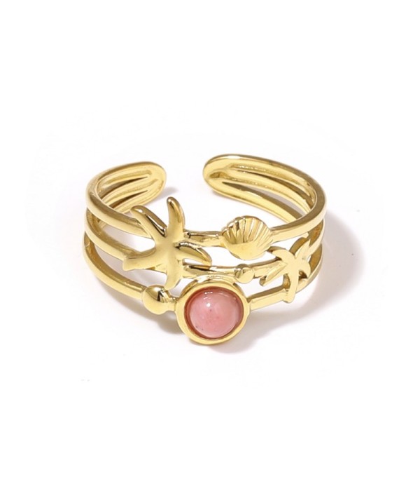 Anillo dorado con estrella de mar, concha y piedra