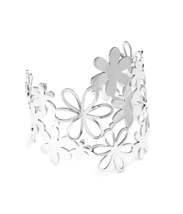 Brazalete ancho plateado de flor