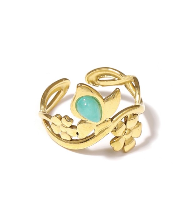 Anillo dorado con motivos flores y piedra