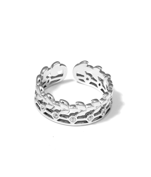 Anillo plateado de corona de hojas con circonitas