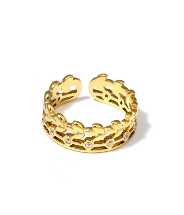 Anillo dorado de corona de hojas con circonitas
