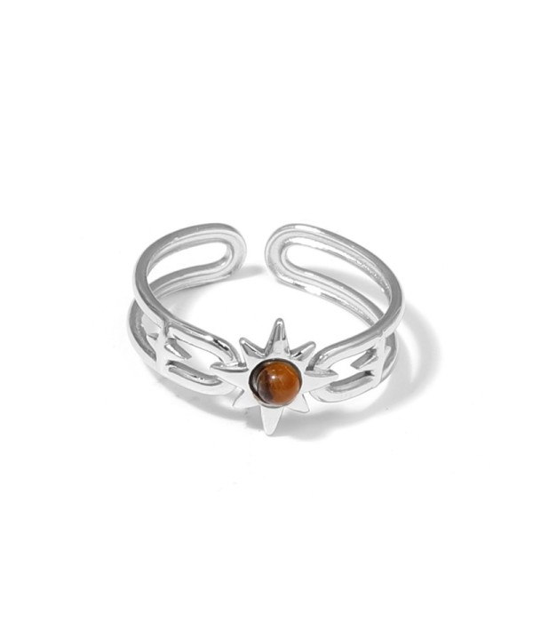 Anillo plateado de sol y estrellas con piedra