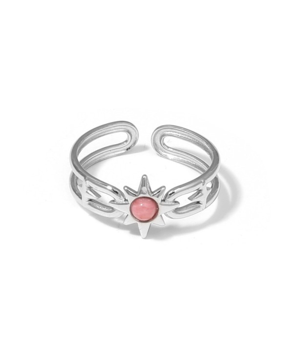 Anillo plateado de sol y estrellas con piedra