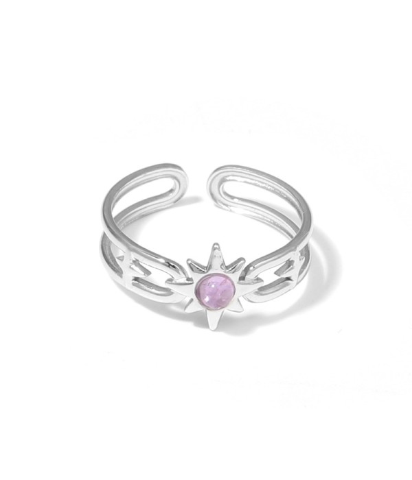 Anillo plateado de sol y estrellas con piedra