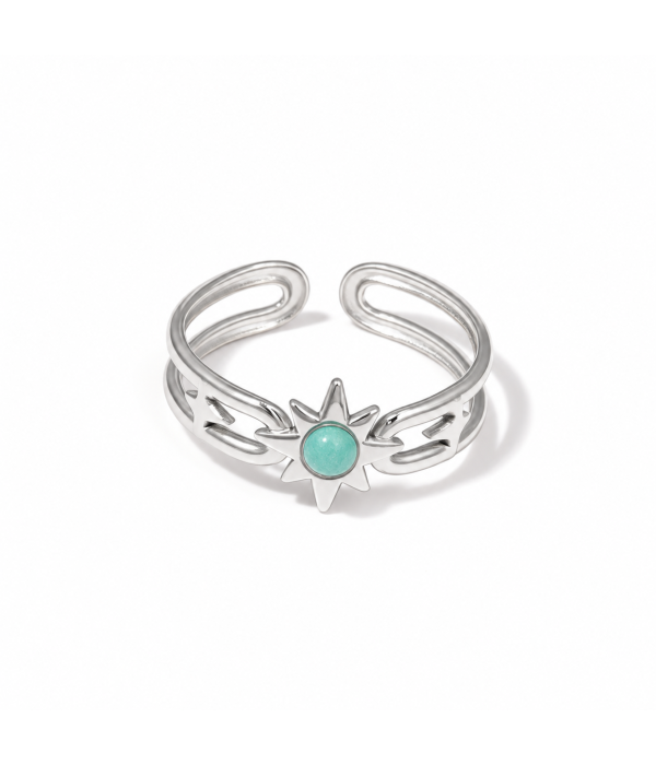 Anillo plateado de sol y estrellas con piedra