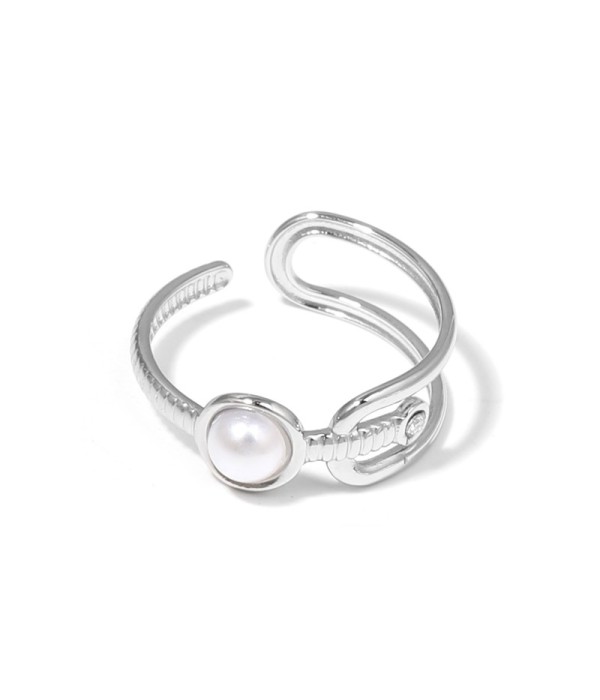 Anillo plateado de piedra con diseño de hebilla...