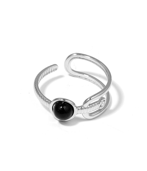 Anillo plateado de piedra con diseño de hebilla...