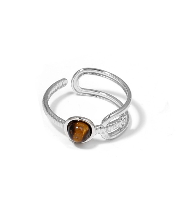 Anillo plateado de piedra con diseño de hebilla y circonita