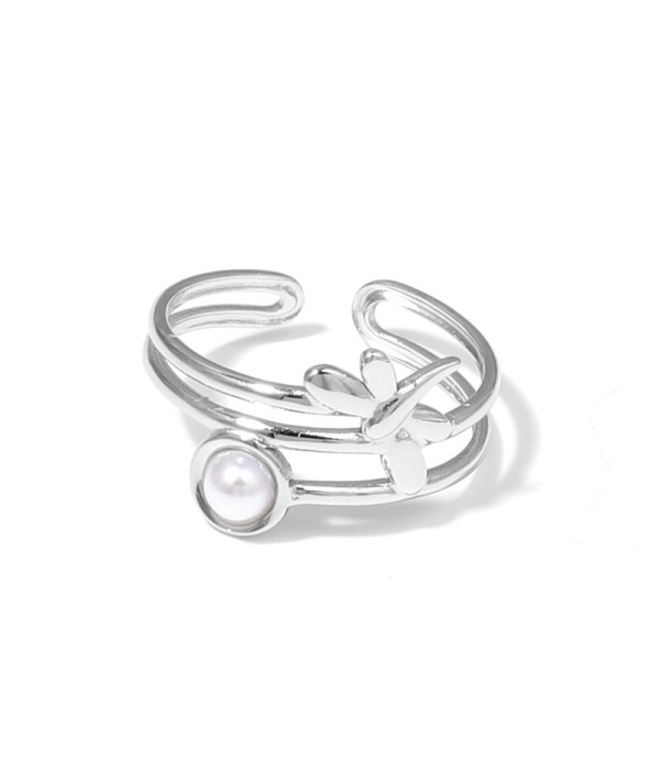 Anillo plateado de libélula con piedra