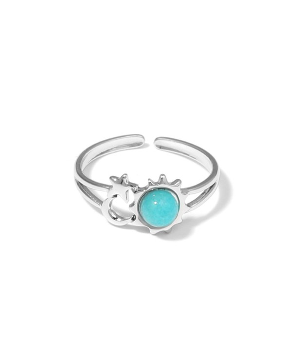 Anillo plateado de sol, luna y estrella con piedra