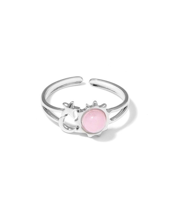 Anillo plateado de sol, luna y estrella con piedra