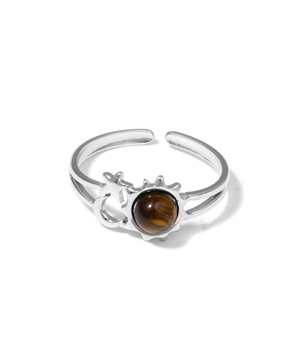 Anillo plateado de sol, luna y estrella con piedra