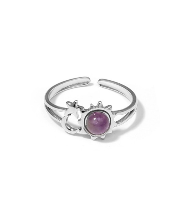 Anillo plateado de sol, luna y estrella con piedra