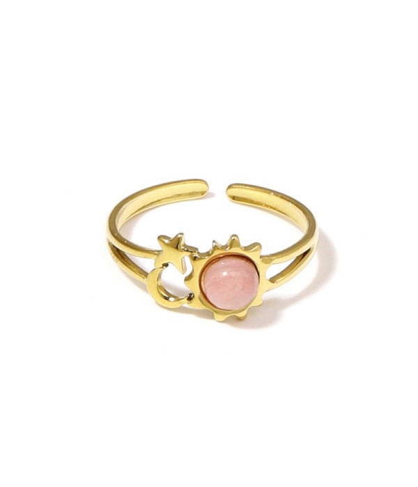 Anillo dorado de sol, luna y estrella con piedra