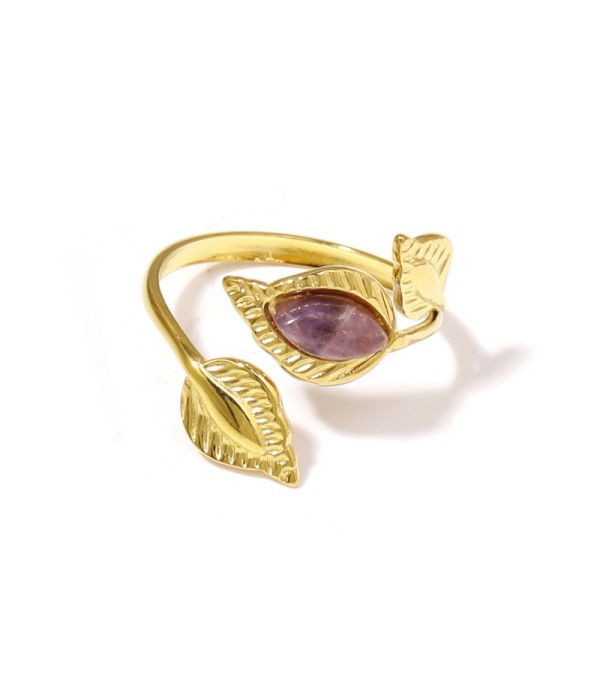 Anillo dorado de hojas con piedra