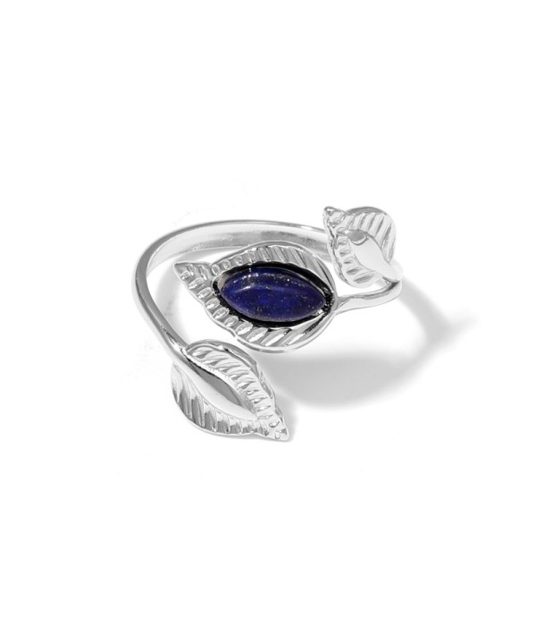 Anillo plateado de hojas con piedra