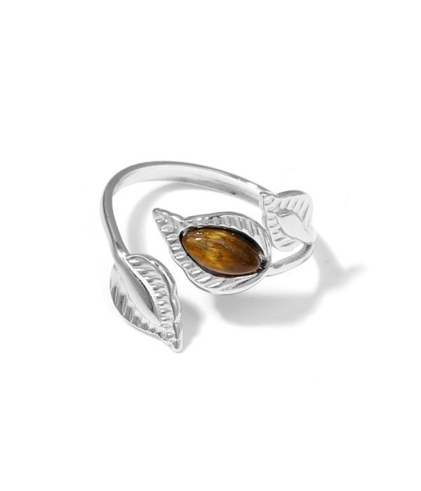 Anillo plateado de hojas con piedra