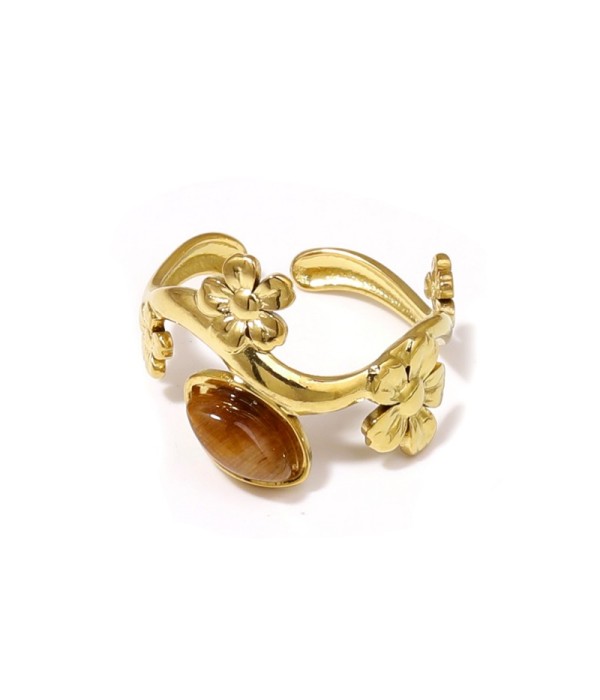 Anillo dorado de flores con piedra